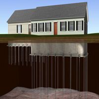 diagram of foundation push piers stabilizing a ranch house foundation.